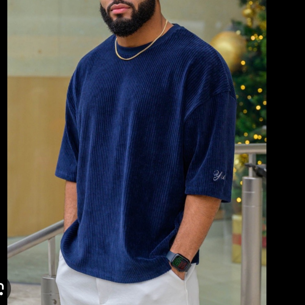 YOUNGLA 421 Corduroy Supersized Tees Navy Blue ribbed T-Shirt XL